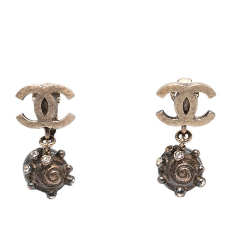 Chanel Earrings 05 Silver Black Metal Rhinestone
