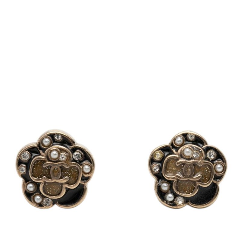 Chanel Camellia CC Logo Pearl Earrings Gold Black Plated Rhinestone