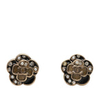 Chanel Camellia CC Logo Pearl Earrings Gold Black Plated Rhinestone