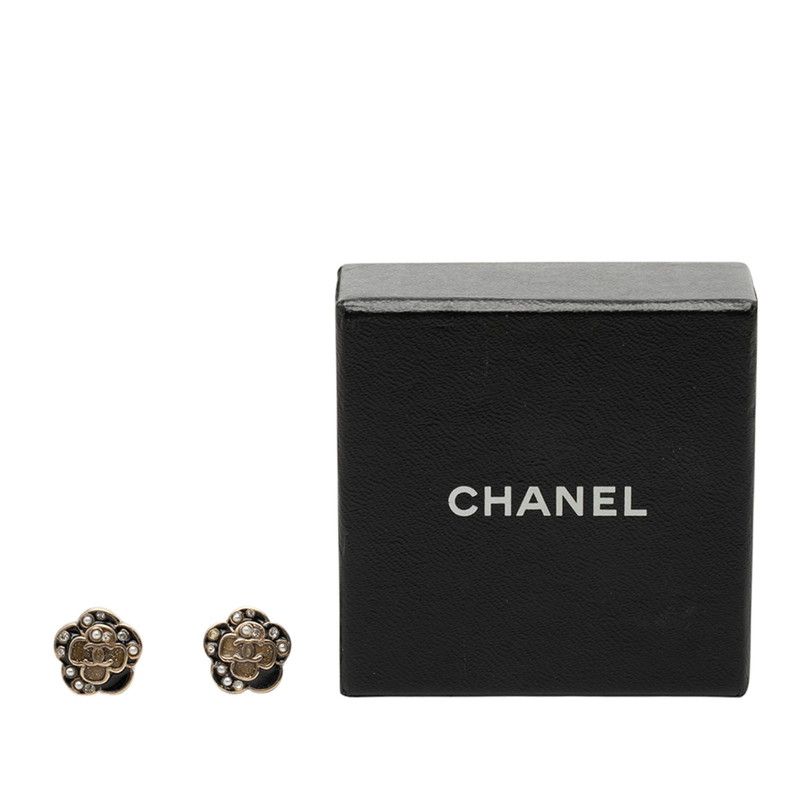 Chanel Camellia CC Logo Pearl Earrings Gold Black Plated Rhinestone — view 4