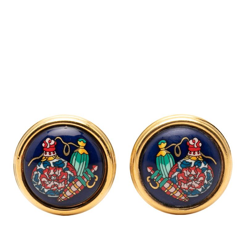 Hermes Enamel Cloisonne Round Earrings Gold Plated