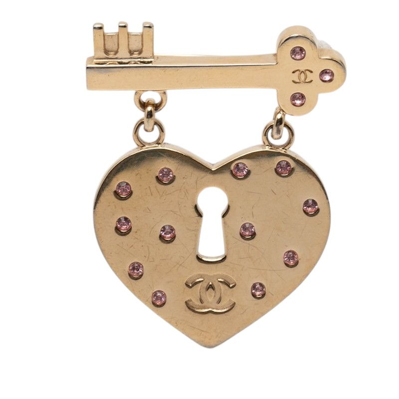 Chanel CC Logo Heart Rock Motif Brooch Gold Pink Plated Rhinestone