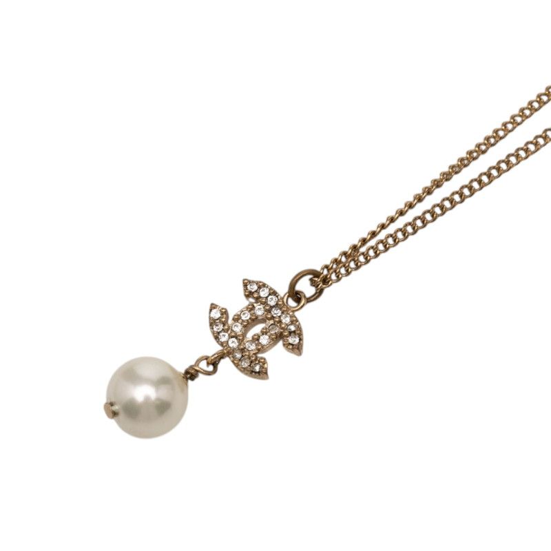 Chanel CC Logo Necklace Gold Plated Rhinestone Faux Pearl