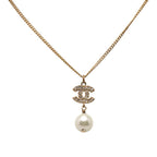 Chanel CC Logo Necklace Gold Plated Rhinestone Faux Pearl — view 2