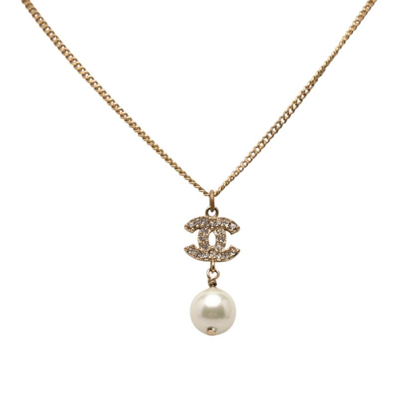 Chanel CC Logo Necklace Gold Plated Rhinestone Faux Pearl — view 2