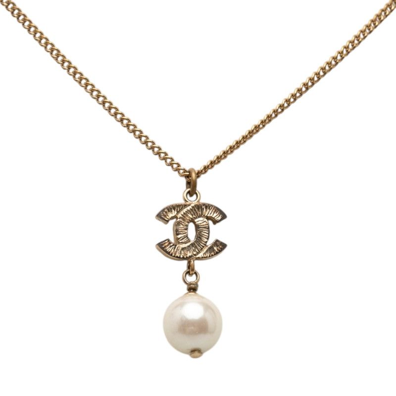 Chanel CC Logo Necklace Gold Plated Rhinestone Faux Pearl — view 3
