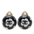Chanel Camellia CC Logo Earrings Silver Black White Metal Resin