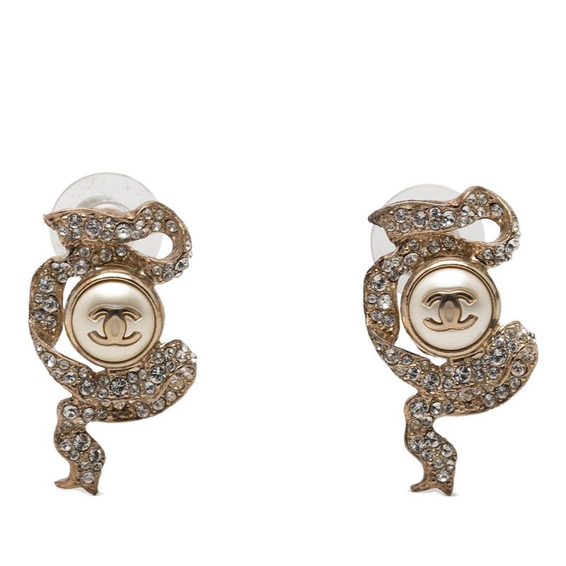 Chanel CC Logo Pearl Ribbon Motif Earrings 18c Gold Plated Rhinestone