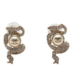 Chanel CC Logo Pearl Ribbon Motif Earrings 18c Gold Plated Rhinestone
