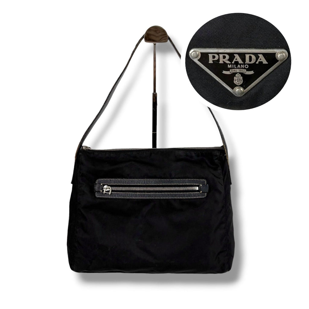 Prada Triangle Logo Shoulder Bag Hobo Black Tessuto Nylon Leather