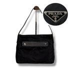 Prada Triangle Logo Shoulder Bag Hobo Black Tessuto Nylon Leather