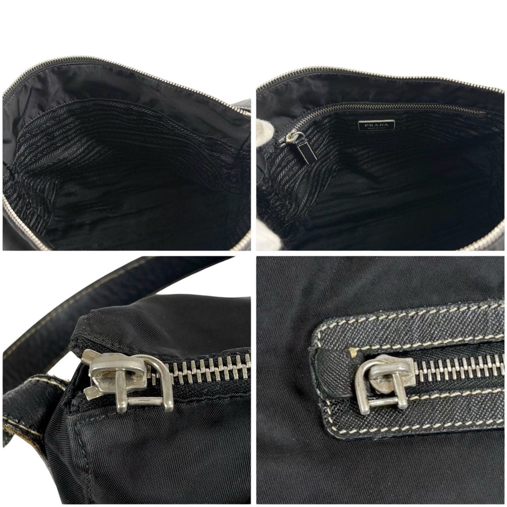 Prada Triangle Logo Shoulder Bag Hobo Black Tessuto Nylon Leather — view 8