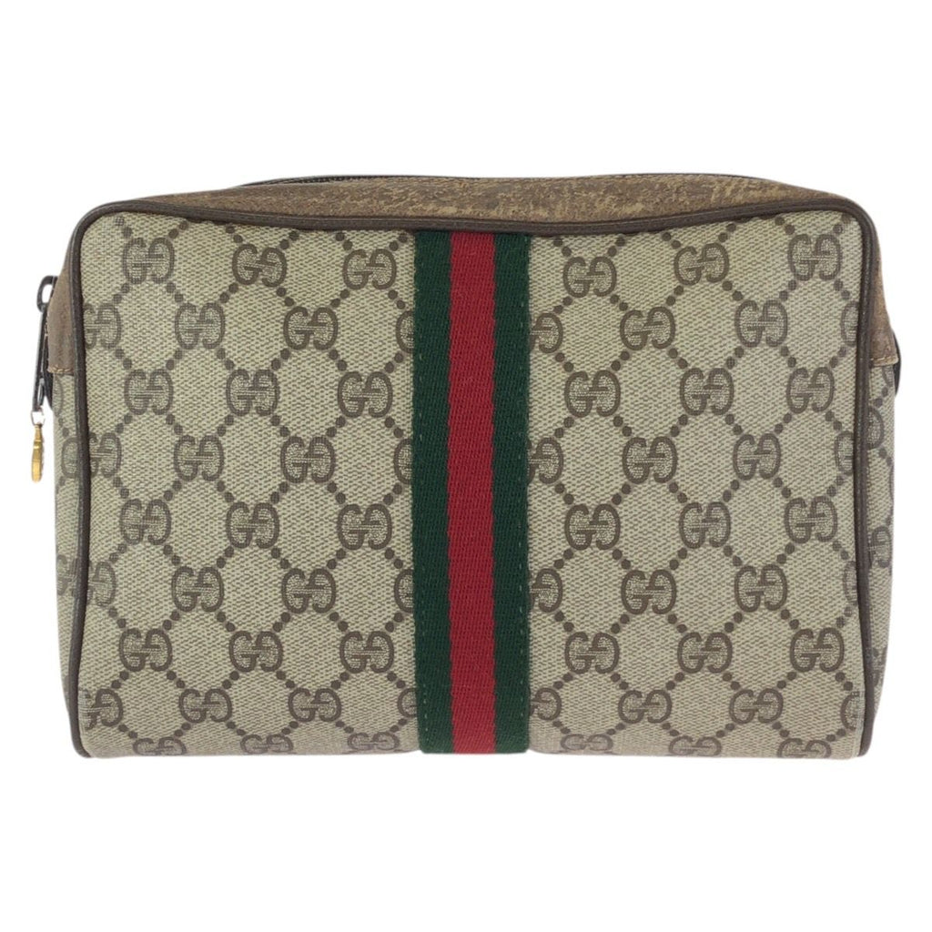 Gucci Vintage Sherry Line Beige Gold GG Supreme Canvas Clutch