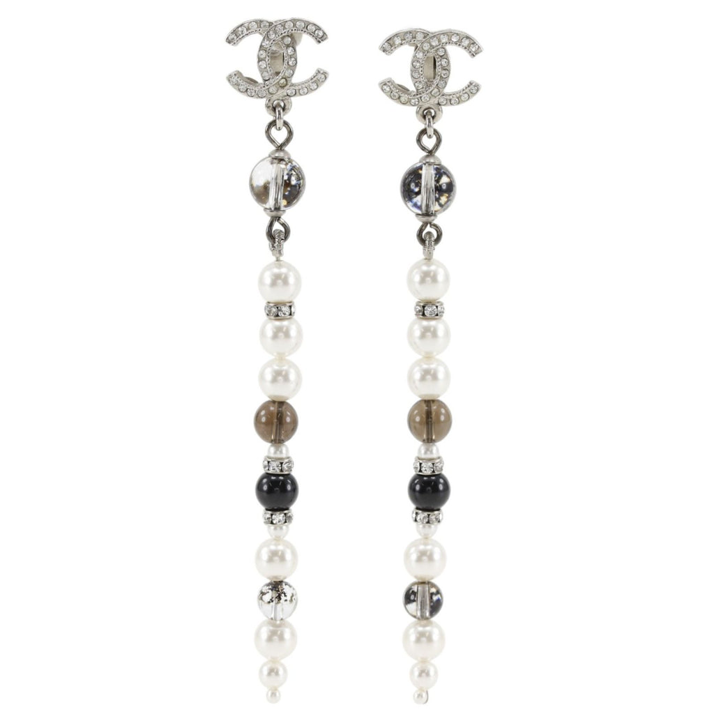 Chanel CC Logo Long Metal Faux Pearl Rhinestone Silver Earrings