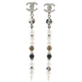 Chanel CC Logo Long Metal Faux Pearl Rhinestone Silver Earrings