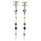 Chanel CC Logo Long Metal Faux Pearl Rhinestone Silver Earrings