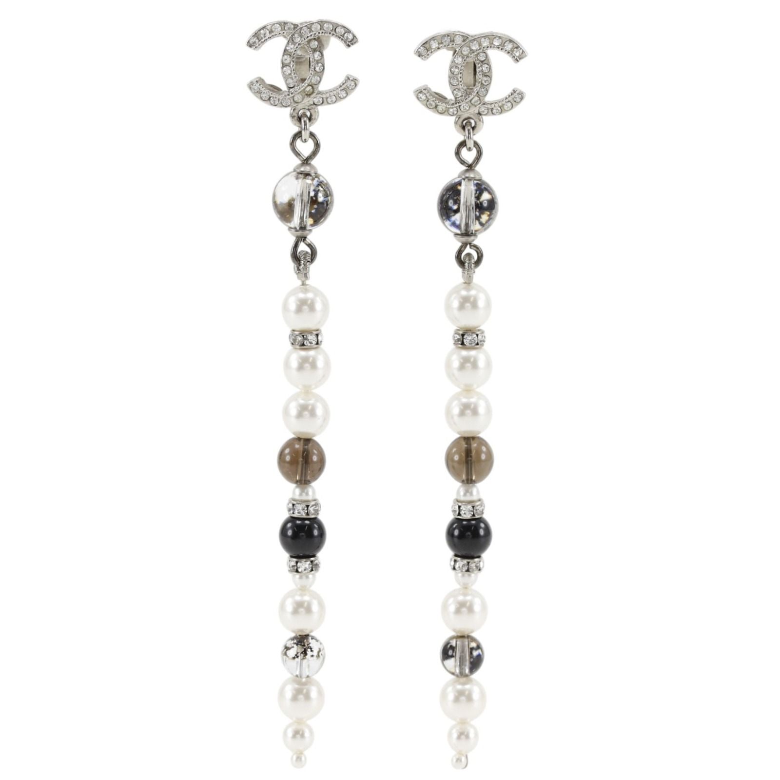 Chanel CC Logo Long Metal Faux Pearl Rhinestone Silver Earrings