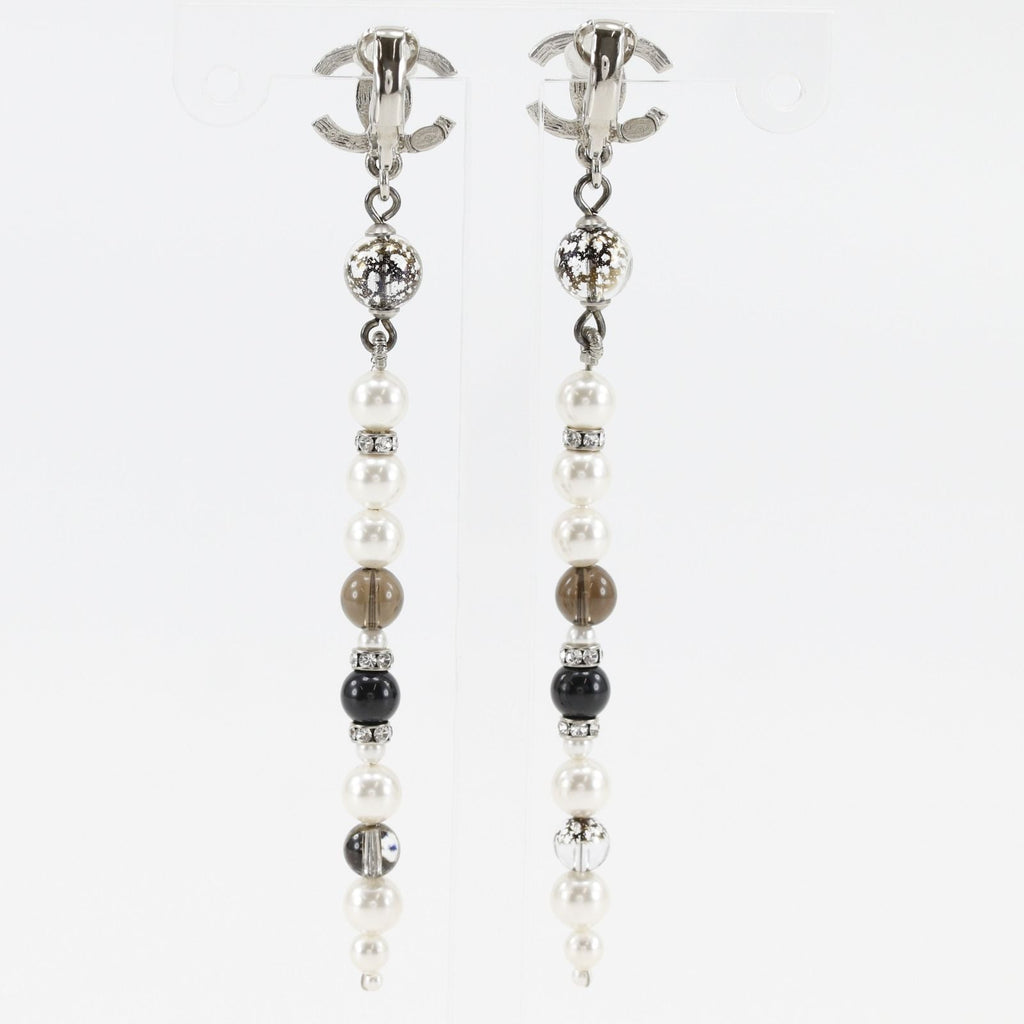 Chanel CC Logo Long Metal Faux Pearl Rhinestone Silver Earrings — view 3