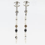 Chanel CC Logo Long Metal Faux Pearl Rhinestone Silver Earrings — view 3