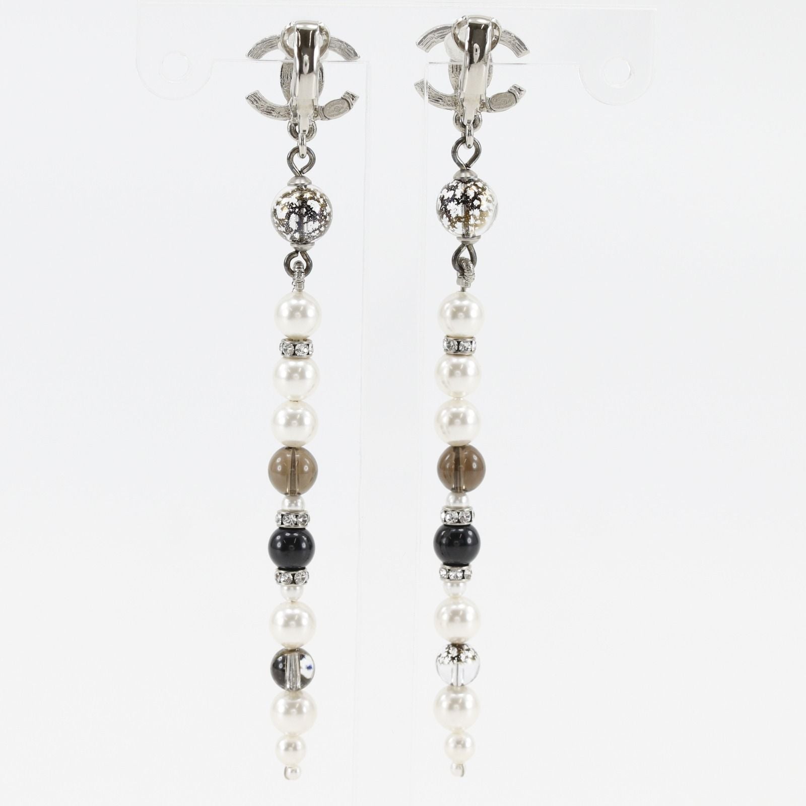 Chanel CC Logo Long Metal Faux Pearl Rhinestone Silver Earrings — view 3