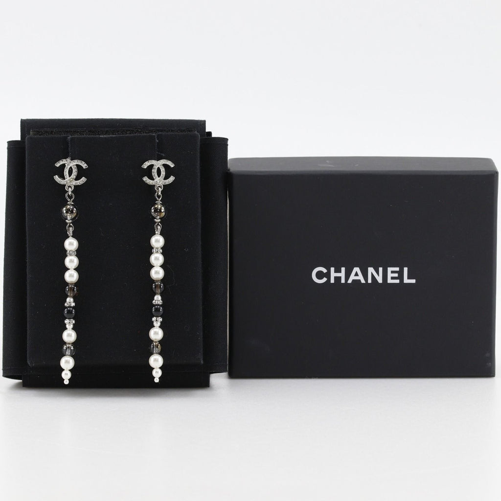 Chanel CC Logo Long Metal Faux Pearl Rhinestone Silver Earrings — view 9