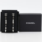 Chanel CC Logo Long Metal Faux Pearl Rhinestone Silver Earrings — view 9