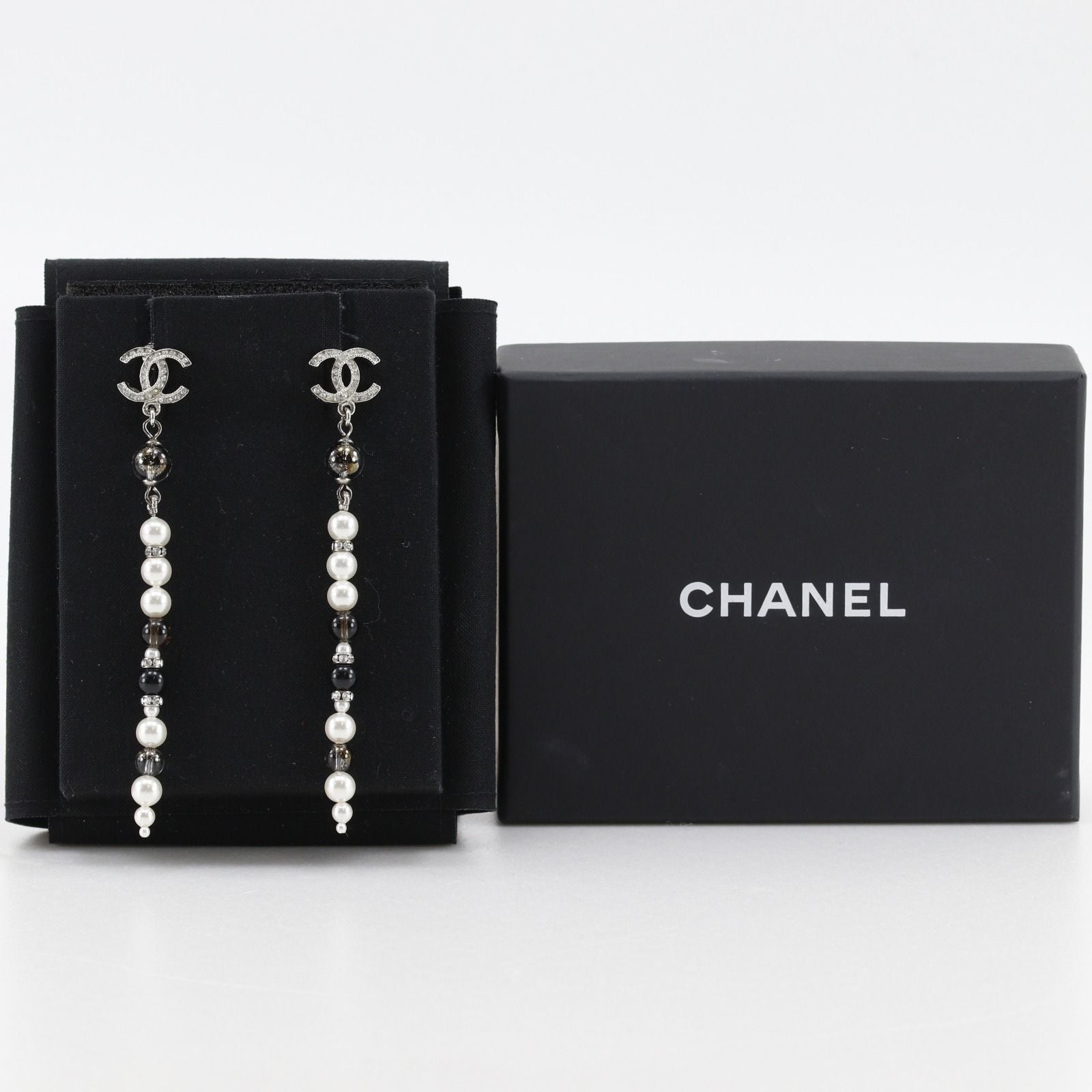 Chanel CC Logo Long Metal Faux Pearl Rhinestone Silver Earrings — view 9