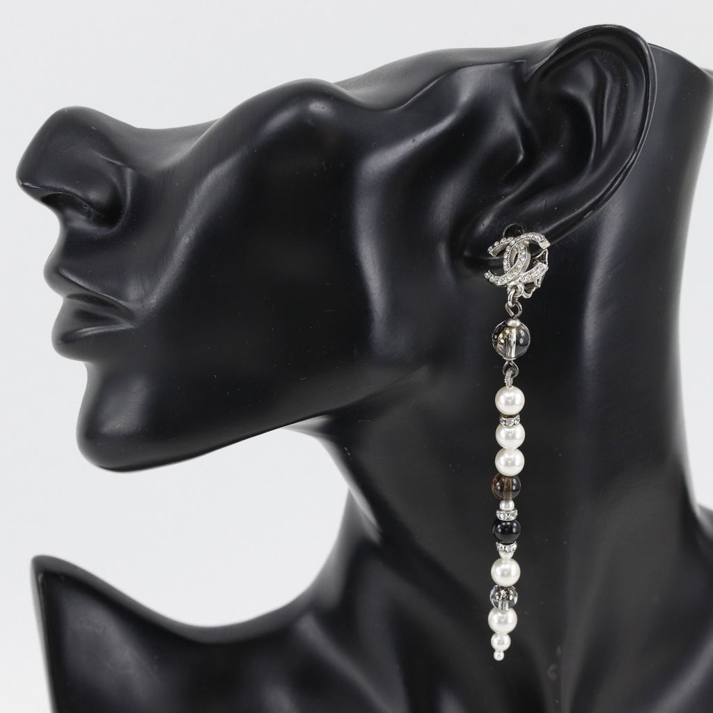 Chanel CC Logo Long Metal Faux Pearl Rhinestone Silver Earrings — view 2