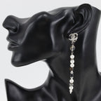 Chanel CC Logo Long Metal Faux Pearl Rhinestone Silver Earrings — view 2