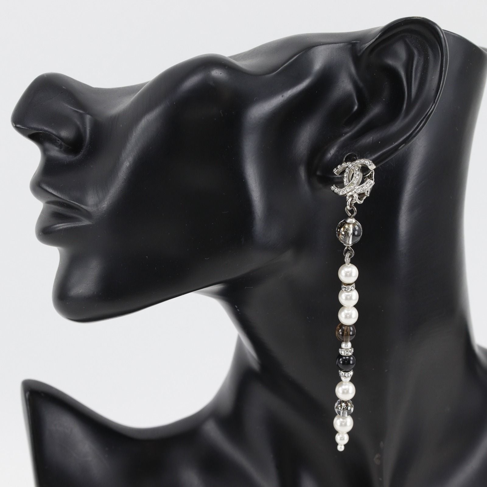 Chanel CC Logo Long Metal Faux Pearl Rhinestone Silver Earrings — view 2