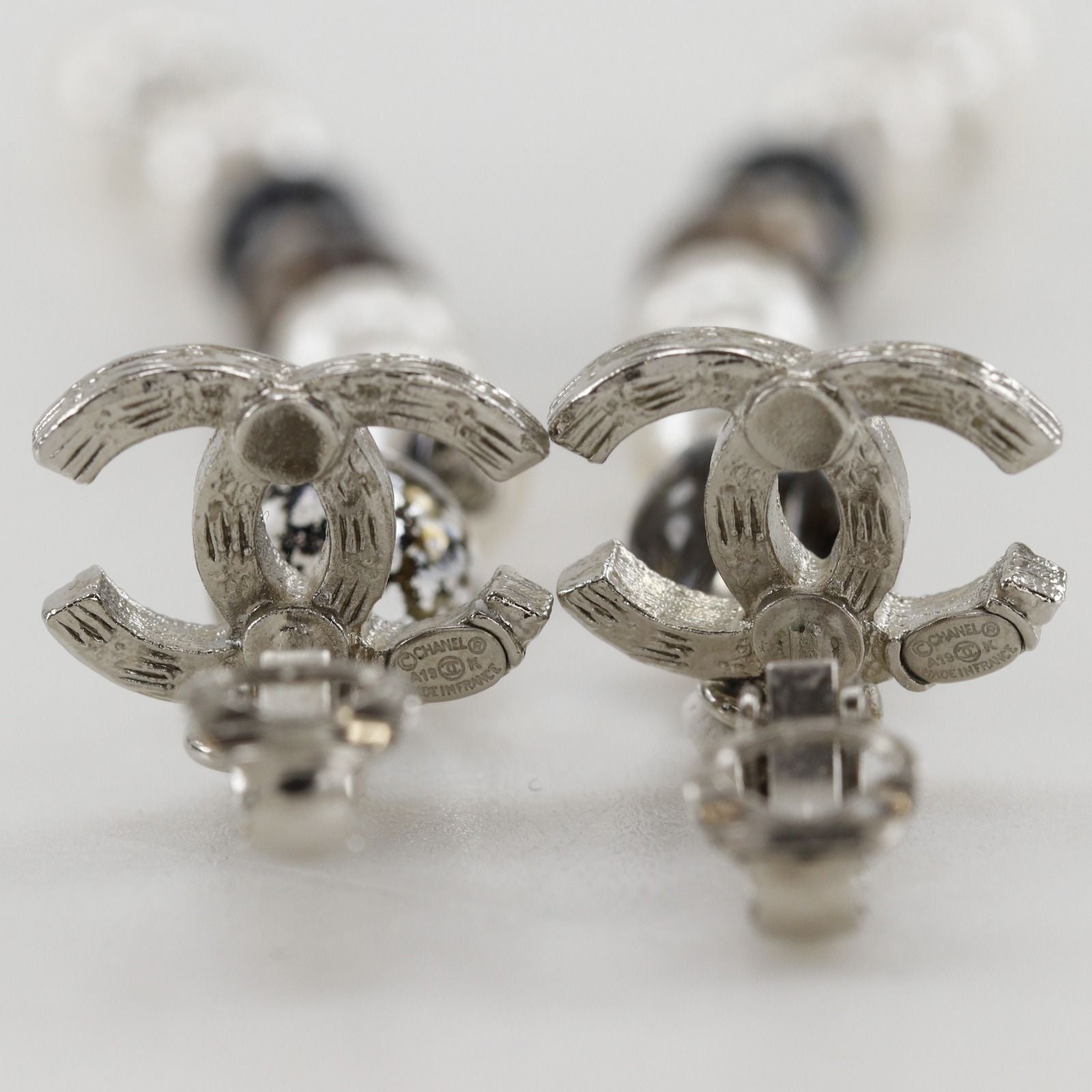 Chanel CC Logo Long Metal Faux Pearl Rhinestone Silver Earrings — view 4