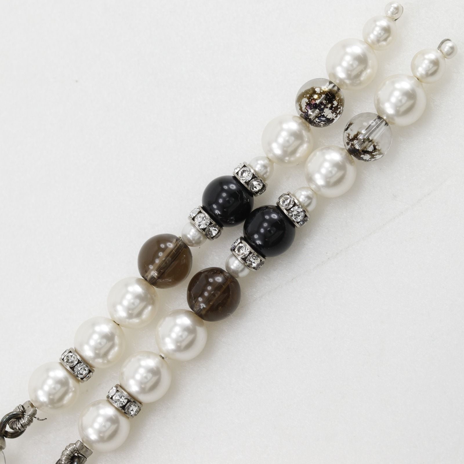 Chanel CC Logo Long Metal Faux Pearl Rhinestone Silver Earrings — view 7