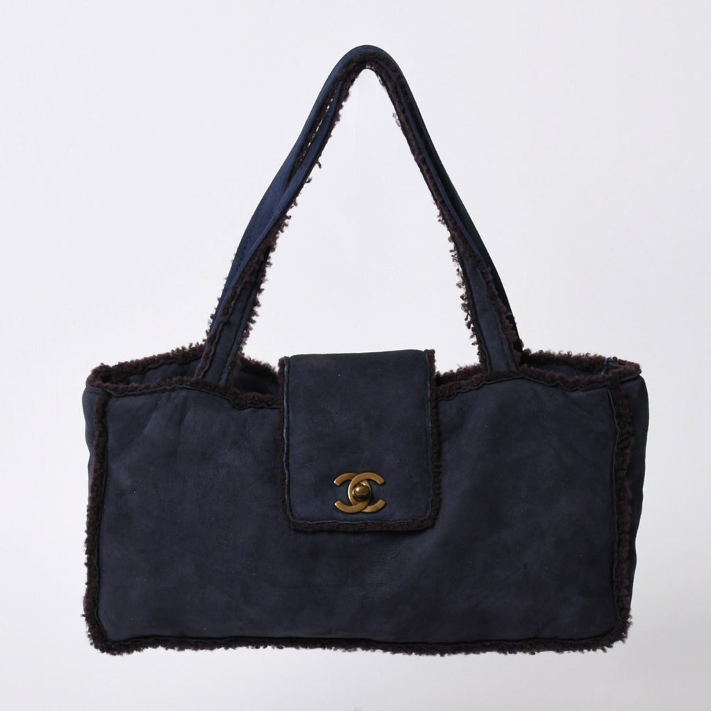 Chanel Shearling Bag CC Logo Nubuck Antique Gold