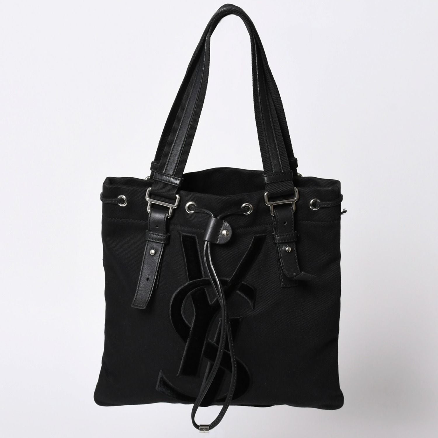 Saint Laurent Kahala Handbag Canvas Leather Black Logo Embroidery