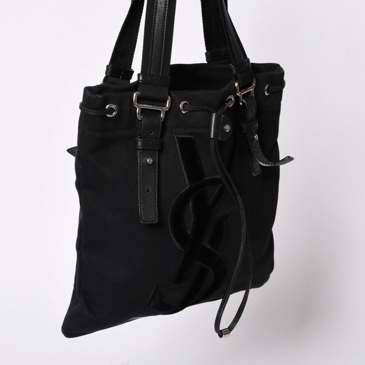 Saint Laurent Kahala Handbag Canvas Leather Black Logo Embroidery — view 3