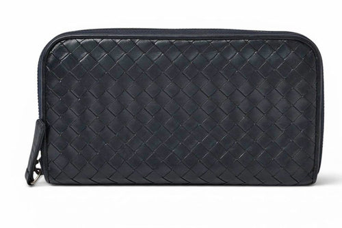 Bottega Veneta Wallet Zip Around Intrecciato Navy