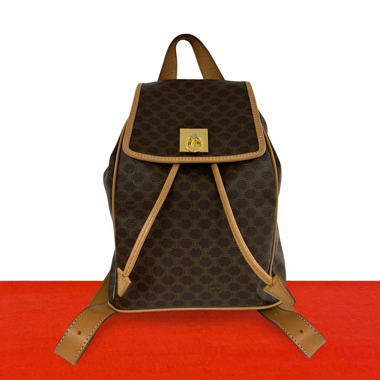 Celine Vintage Macadam Blason Triomphe Pattern Logo Ring Leather Backpack Brown