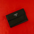 Prada Triangle Logo Saffiano Leather Trifold Wallet Bill Purse Coin Black