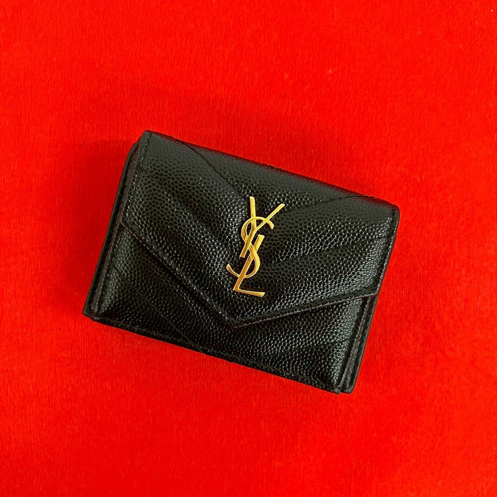 Saint Laurent Paris YSL Logo Leather Trifold Wallet Mini Black