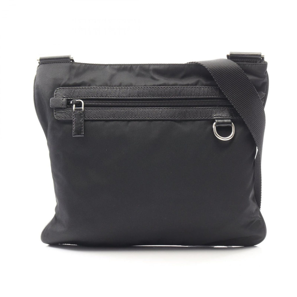Prada Shoulder Bag Triangle Logo Black Nylon Saffiano Leather