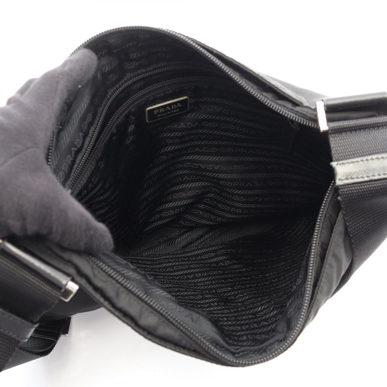 Prada Shoulder Bag Triangle Logo Black Nylon Saffiano Leather — view 3