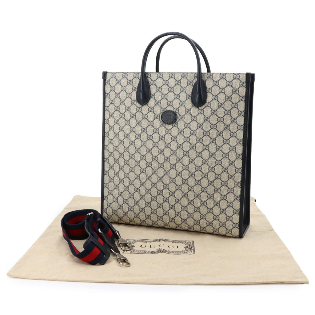 Gucci Interlocking 2-Way Tote Shoulder Bag GG Supreme Leather Navy Beige — view 2