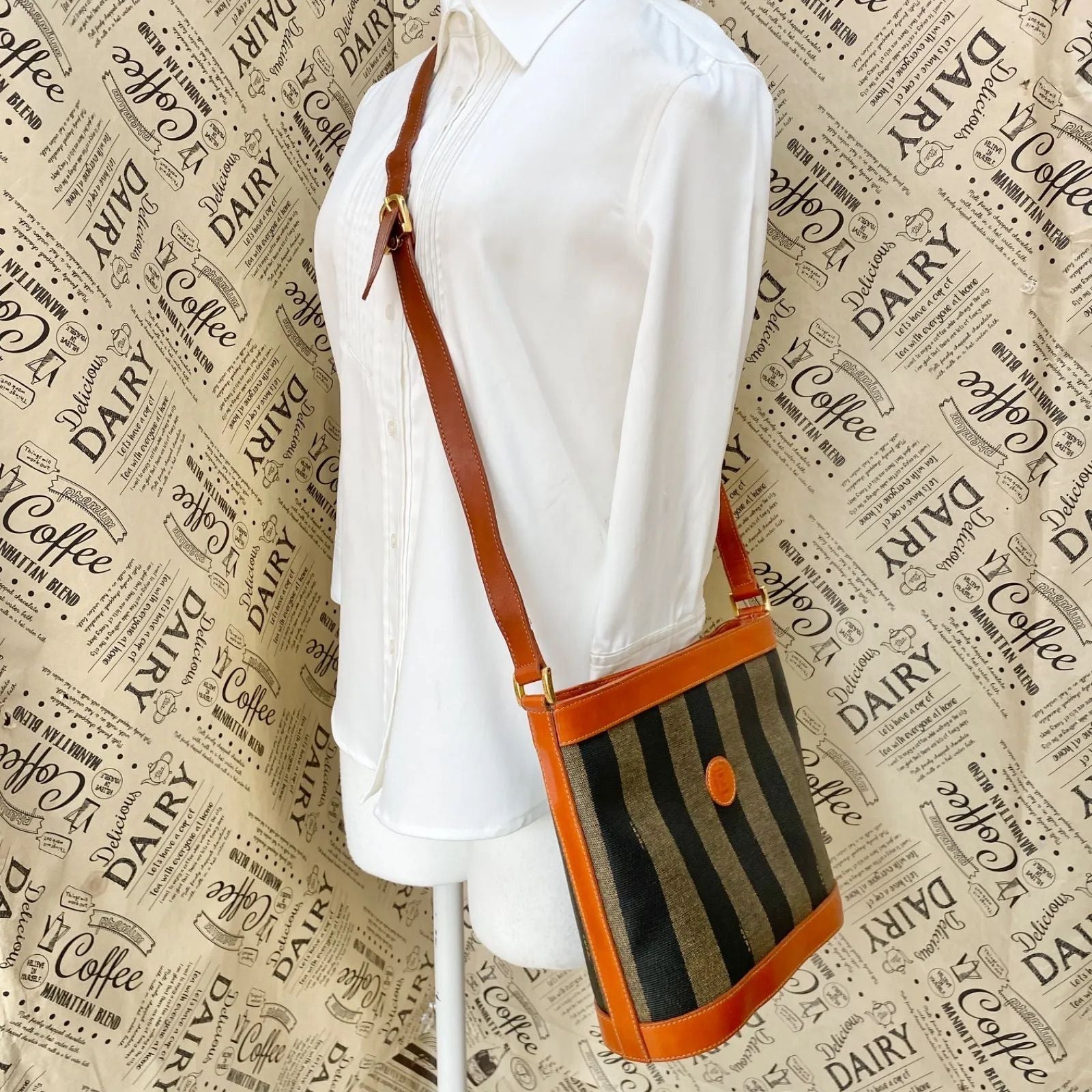 Fendi Shoulder Bag Pecan Pattern Stripe Crossbody Travel — view 3