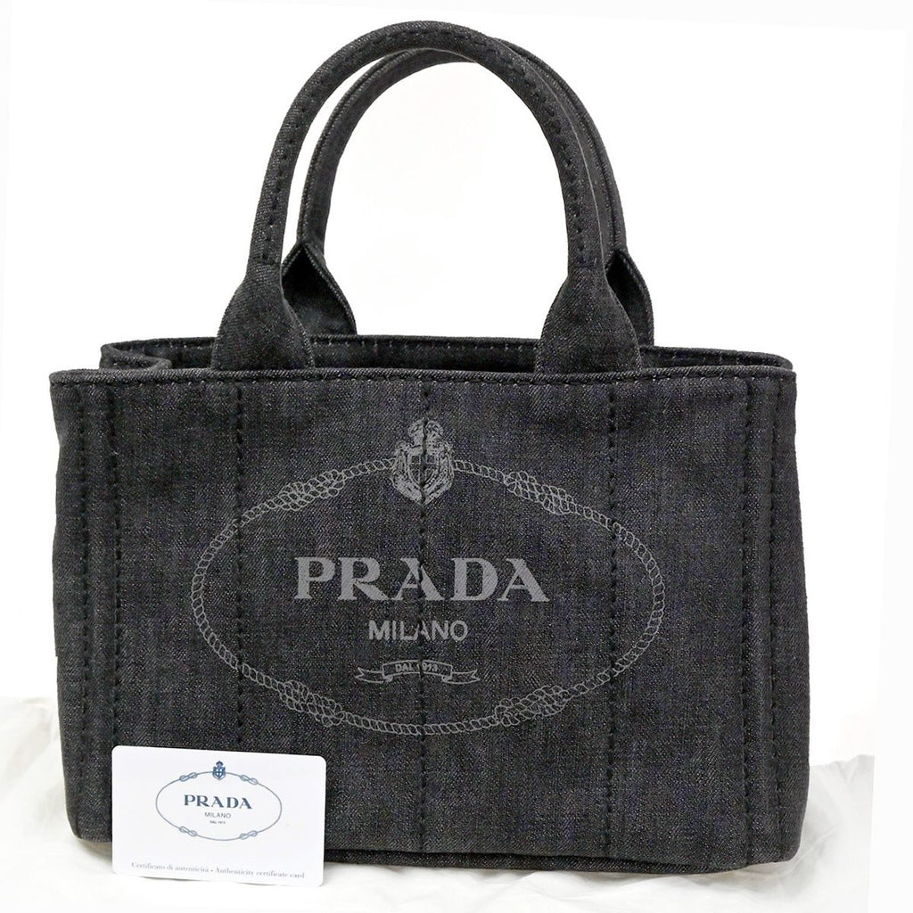 Prada Canapa Denim Tote Shoulder Bag Black Canvas