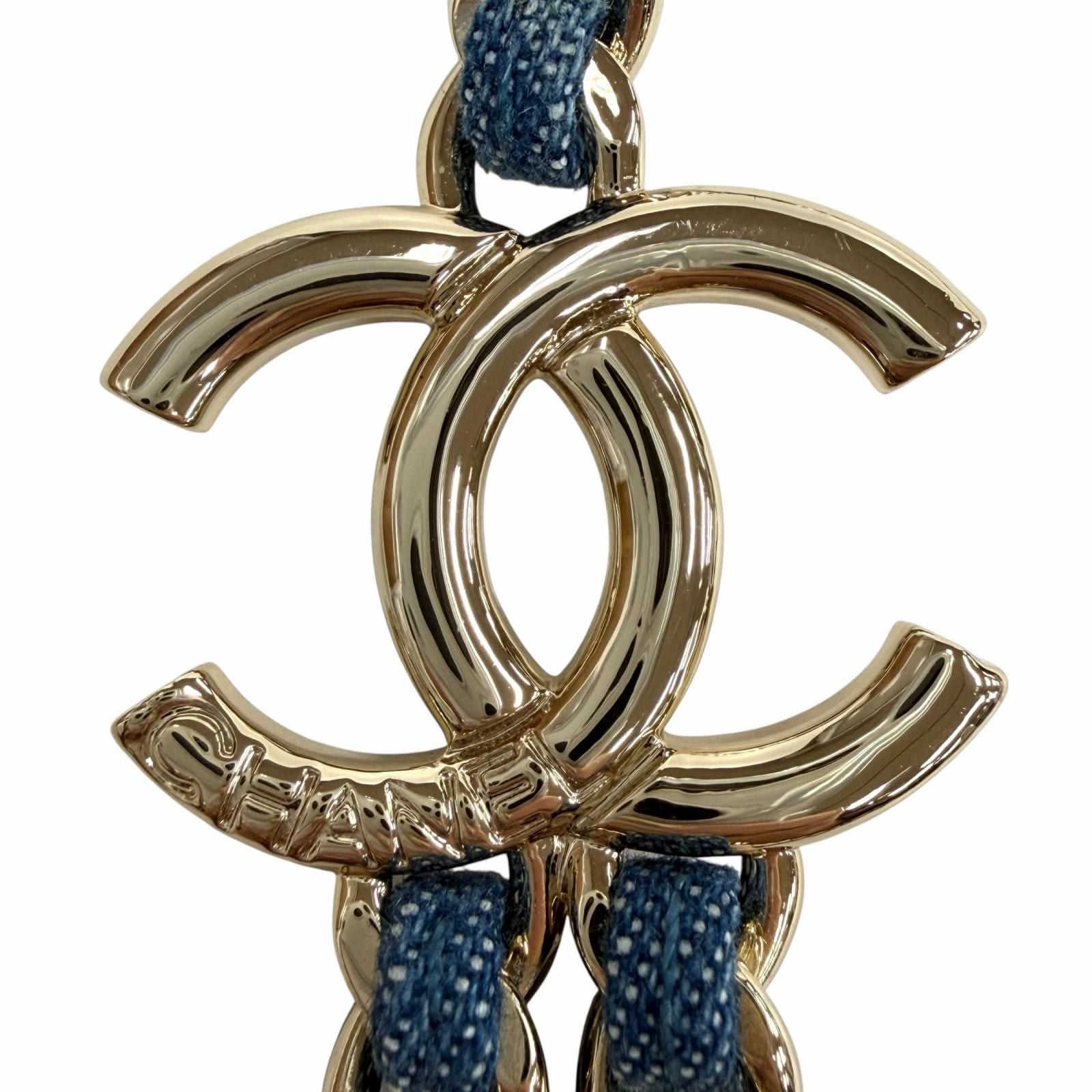 Chanel CC Logo Double Chain Necklace Blue Gold — view 4
