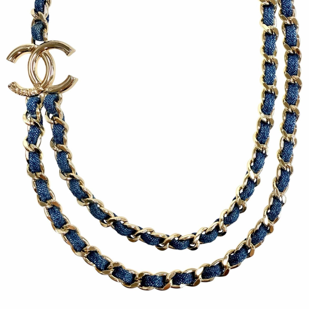 Chanel CC Logo Double Chain Necklace Blue Gold
