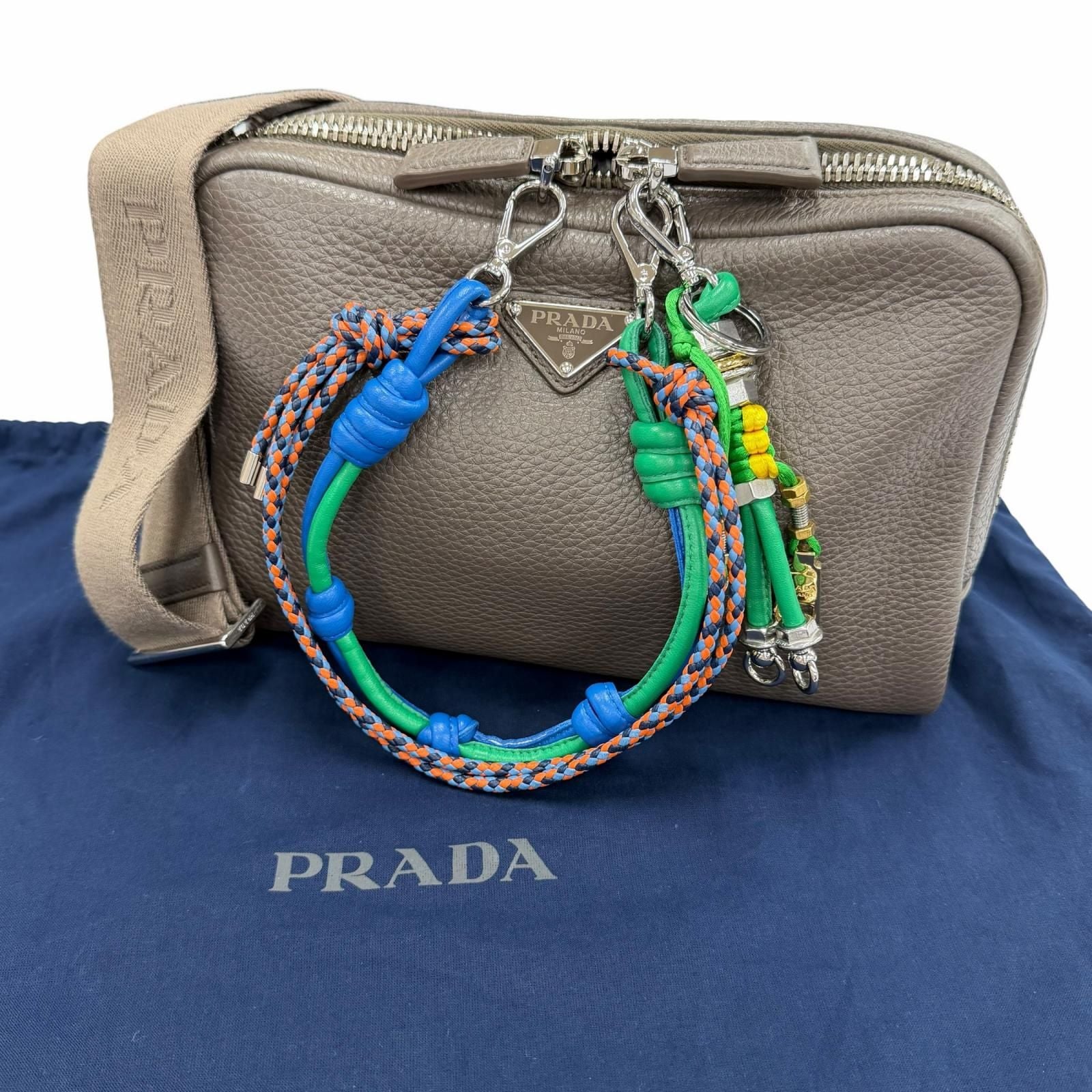 Prada Triangle Logo with Trick Charm Vitello Daino Leather Shoulder Bag Gray — view 2