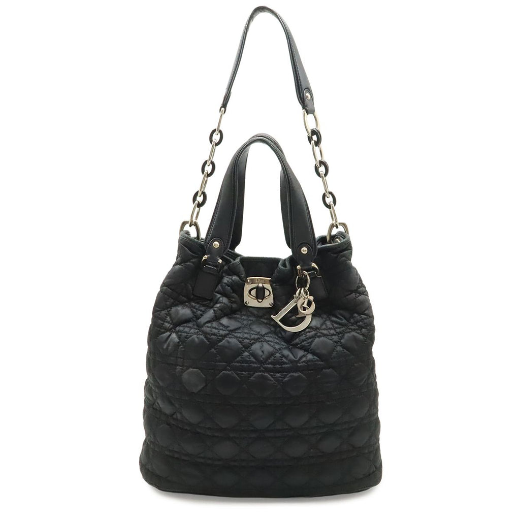 Dior Cannage Tote 2-Way Chain Shoulder Bag Leather Black Silver