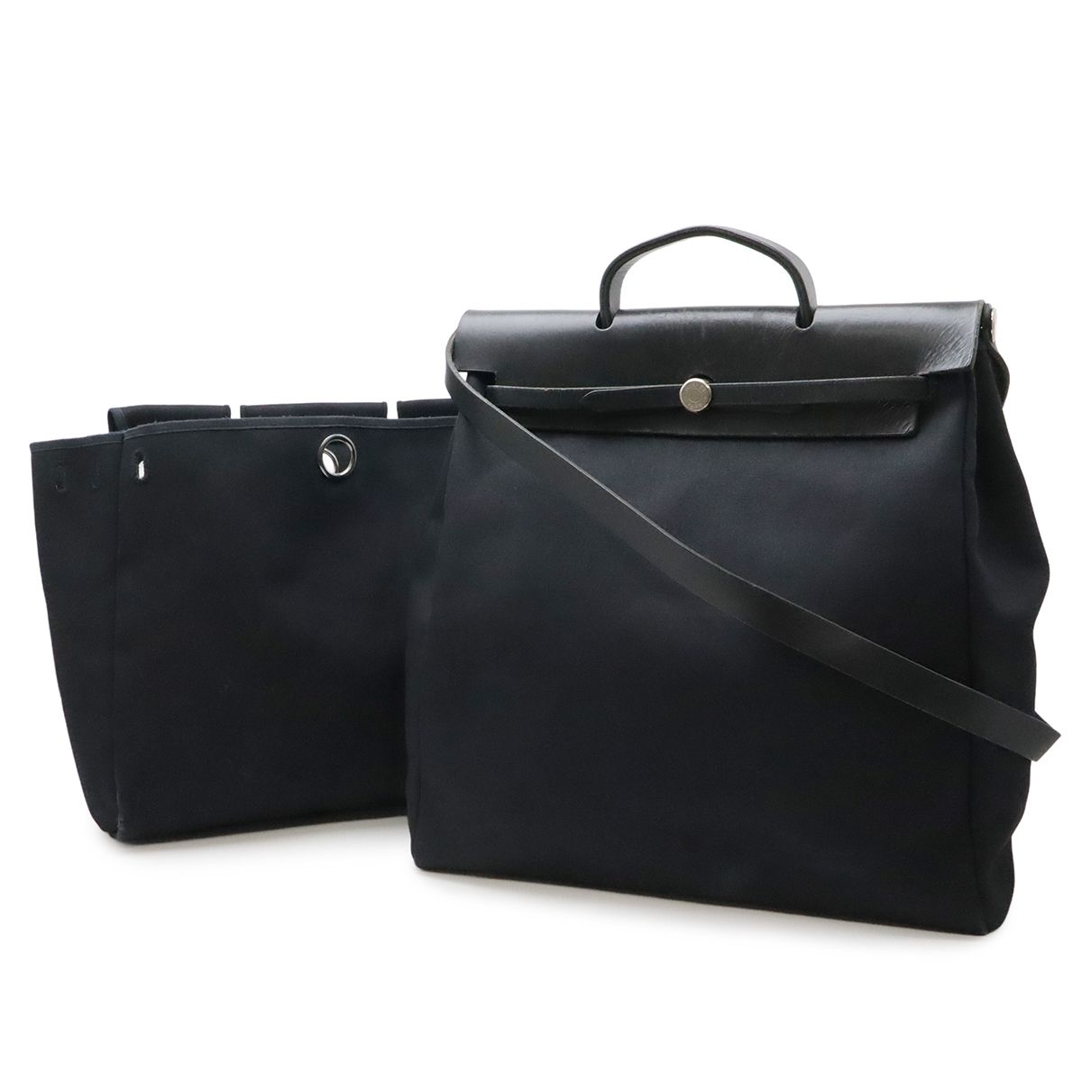 Hermes Herbag MM 2-Way Shoulder Bag Toile Officier Canvas Black