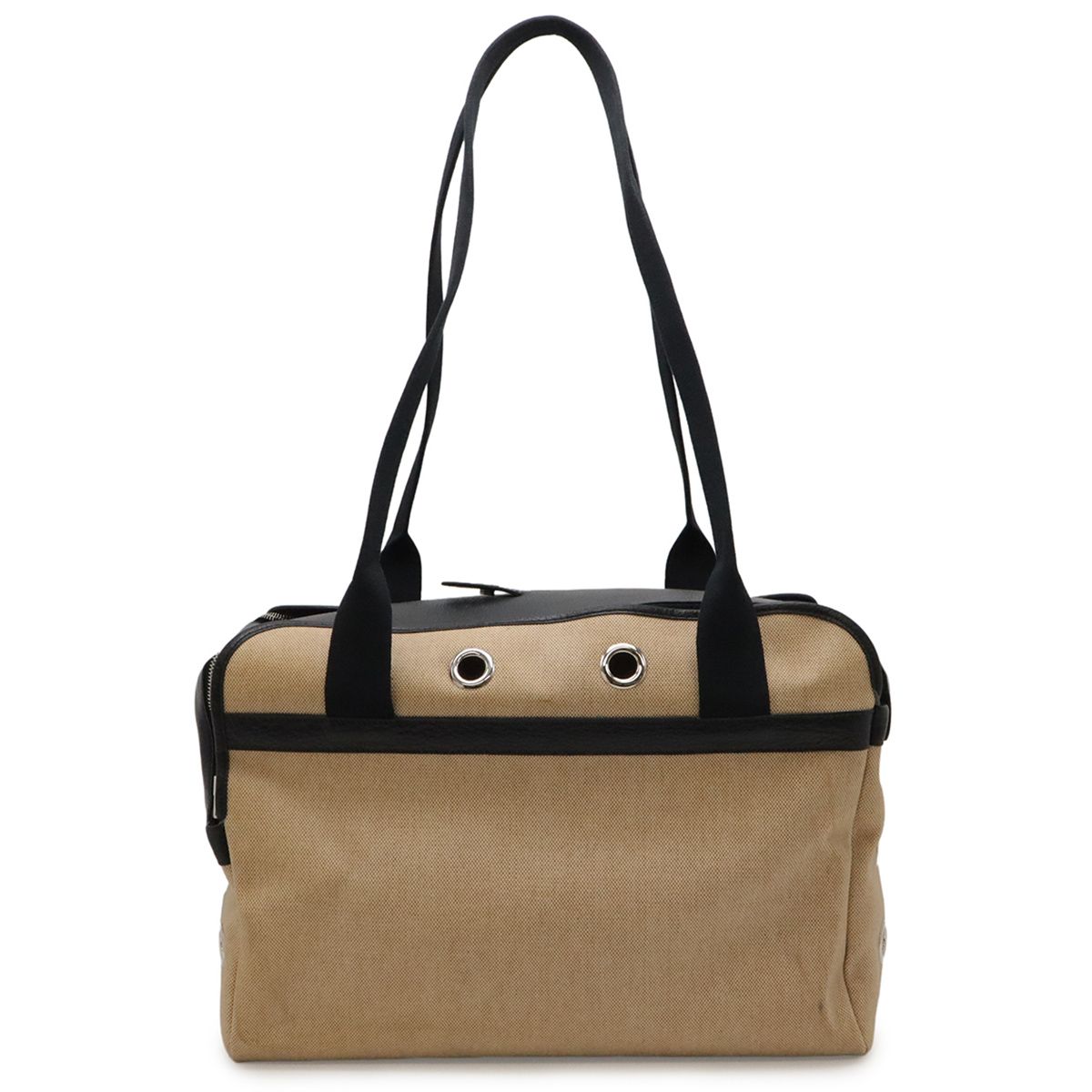Hermes Sac Transpole Chien Dog Carrier Travel Bag Toile Ash Leather Beige Black